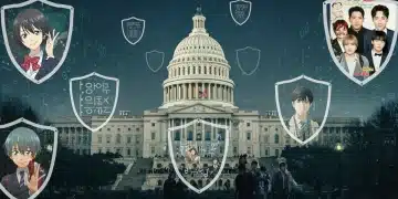 Digital shields protecting international pop culture content from piracy with US Capitol in background.