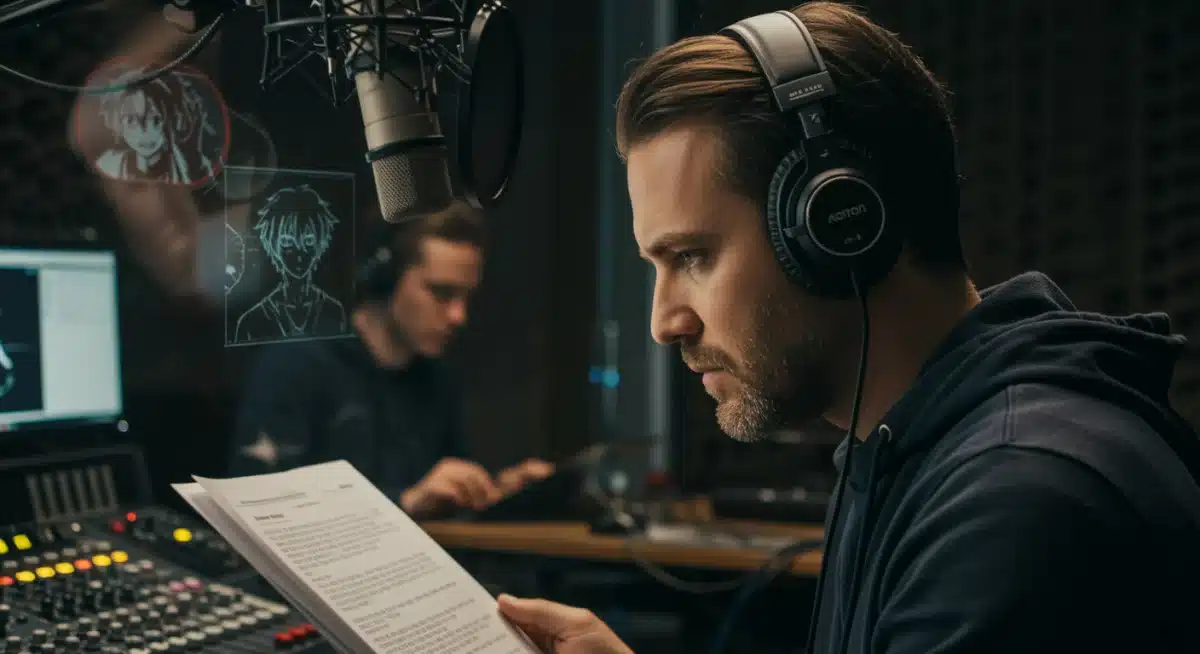 Voice actor in a sound booth, wearing headphones, meticulously reviewing a script for an anime dubbing session.