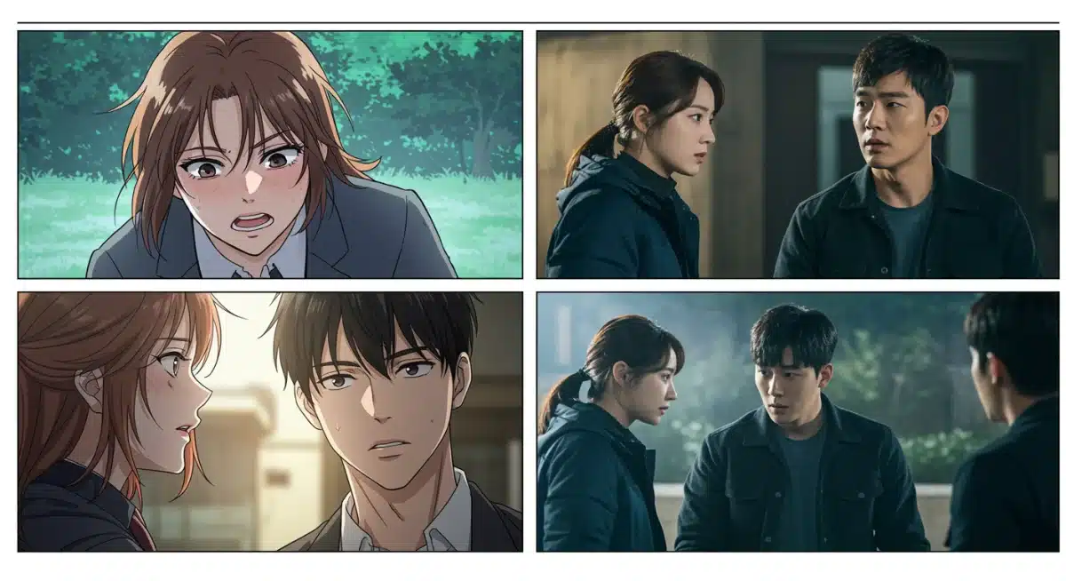 Comparison of a webtoon panel and its live-action drama counterpart, demonstrating successful visual adaptation.