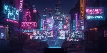 Futuristic city with anime streaming platform logos and holographic anime character.