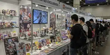 Anime fans queueing for rare exclusives at a bustling 2026 US anime convention.