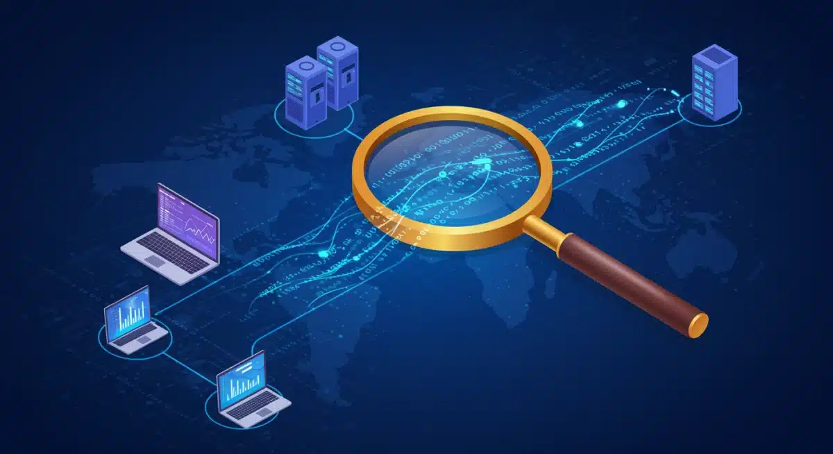 Magnifying glass examining complex data streams from digital devices, symbolizing data privacy scrutiny