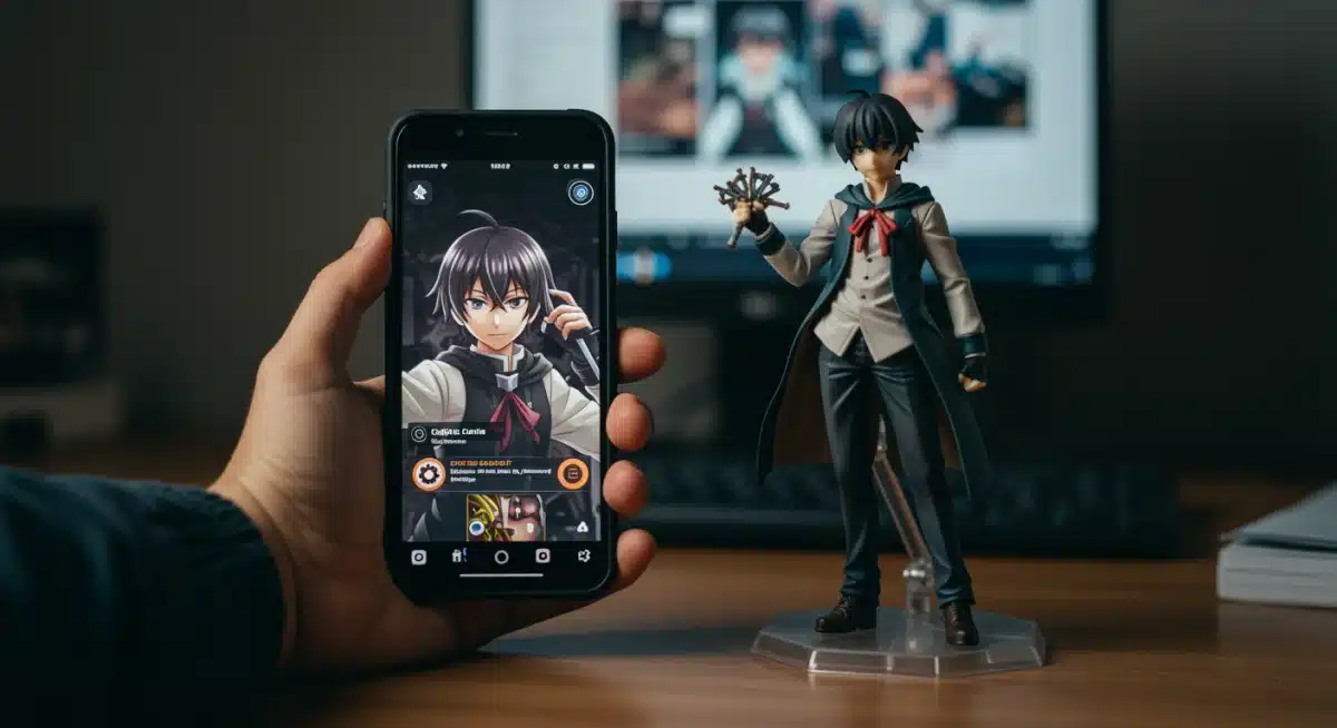 Digital and physical anime collectibles side by side