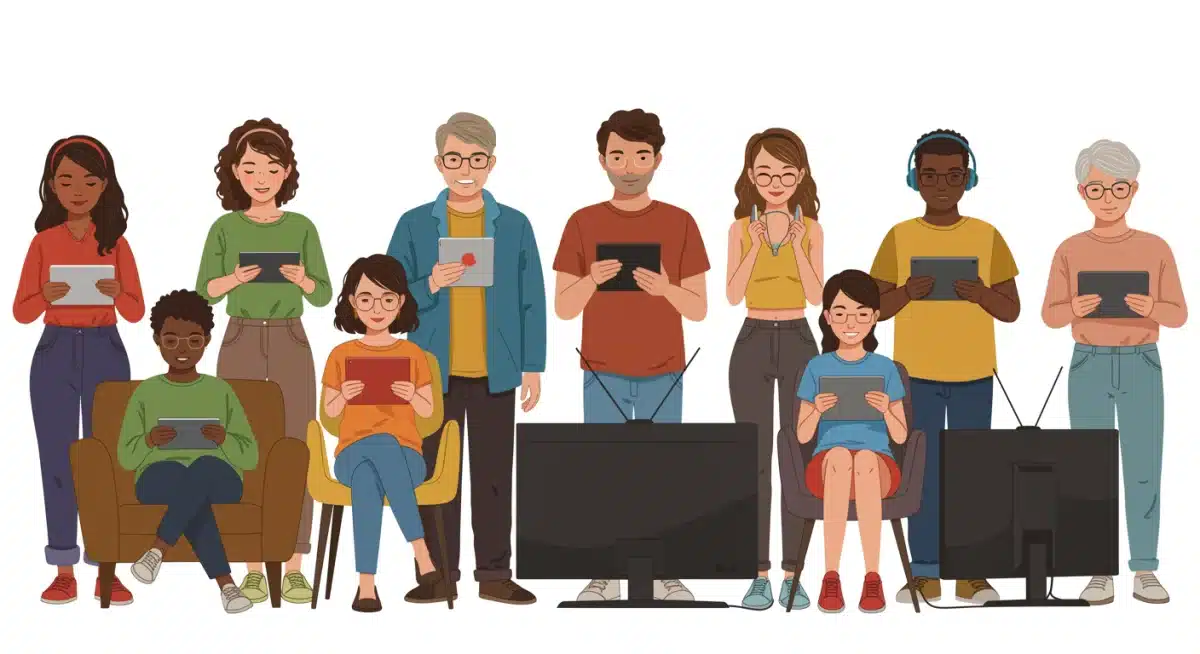 Diverse group consuming various media, illustrating pop culture consumption trends influenced by demographic shifts.
