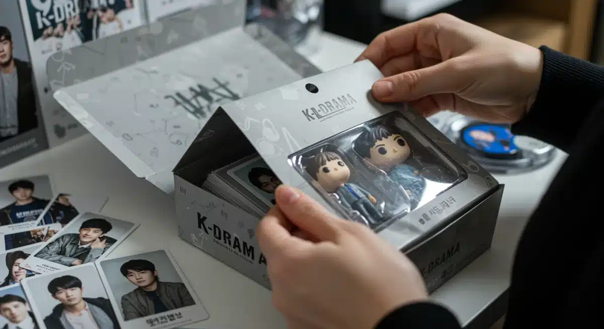 Close-up of a fan unboxing K-Drama merchandise, showing photo cards and a figurine.