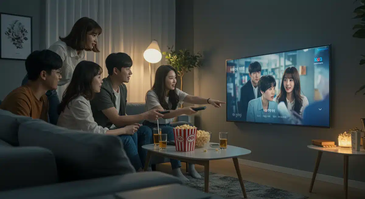 Friends watching a K-Drama on a streaming service in a modern living room.