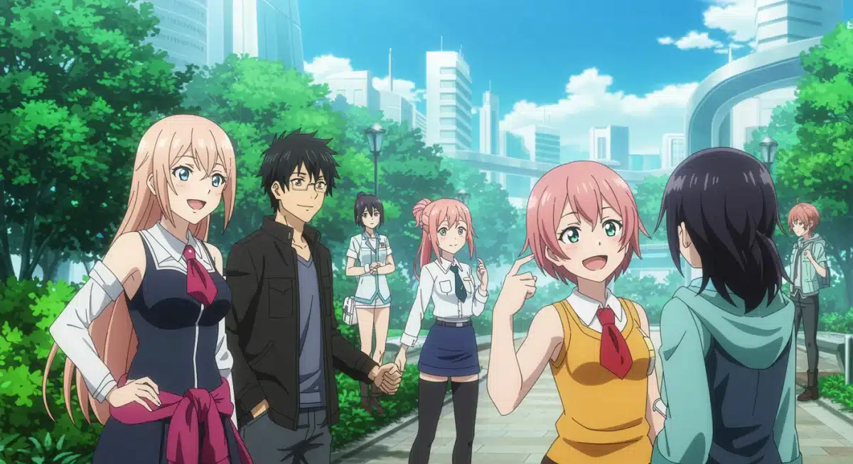 Anime characters enjoying a conversation in a futuristic park, representing camaraderie in hidden gem anime.