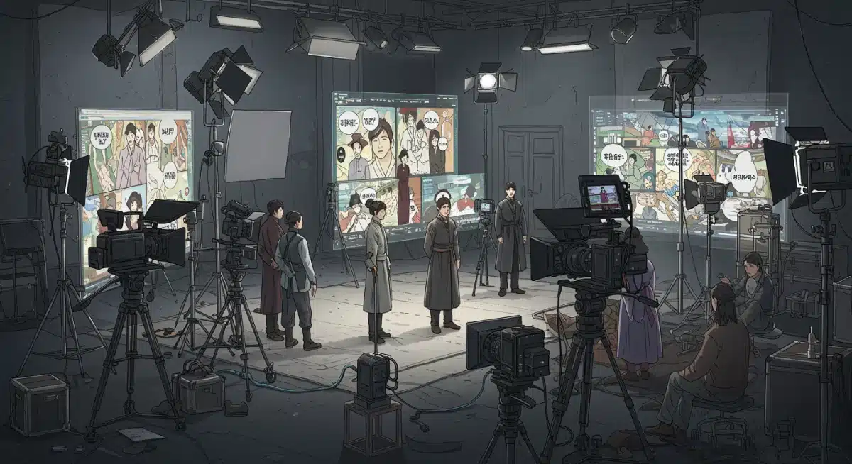 Behind-the-scenes look at a K-drama production set, blending webtoon elements with live-action filming.