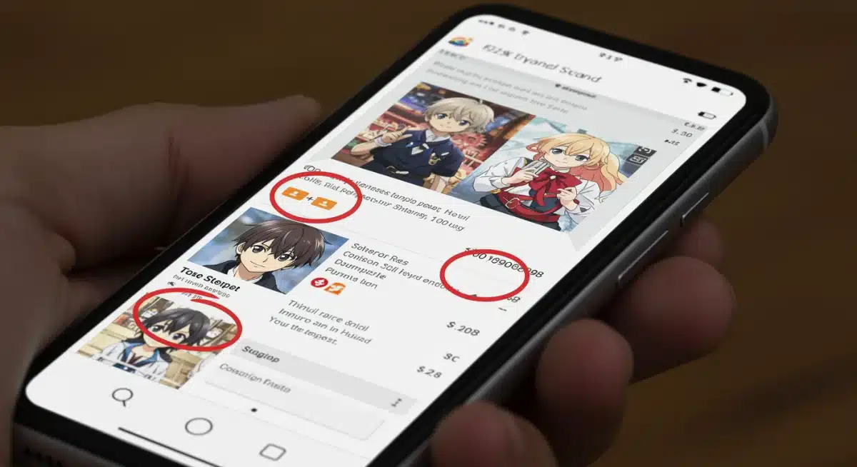 Identifying suspicious online anime merchandise listings on a smartphone screen