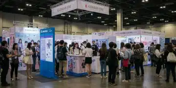 Vibrant K-drama fan convention in the US with excited attendees and interactive booths