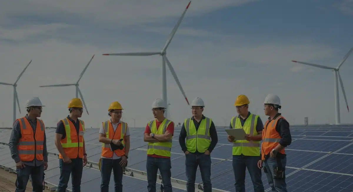 Diverse workforce collaborating on a renewable energy project, showcasing various job roles created by infrastructure investments.