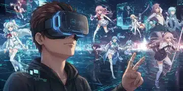 Futuristic VR headset user immersed in vibrant anime world