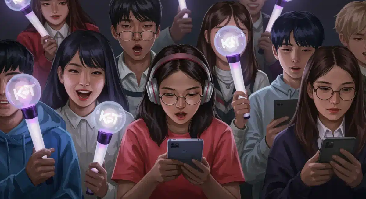 Diverse K-Pop fans engaging with music on devices, global community, digital outreach