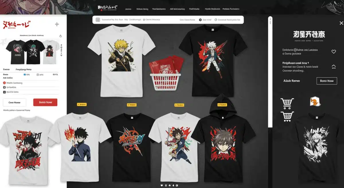 Anime apparel e-commerce website interface, digital shopping.