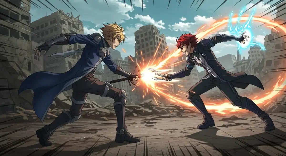 Intense animated battle scene with magical and technological elements, hinting at a captivating new anime narrative.