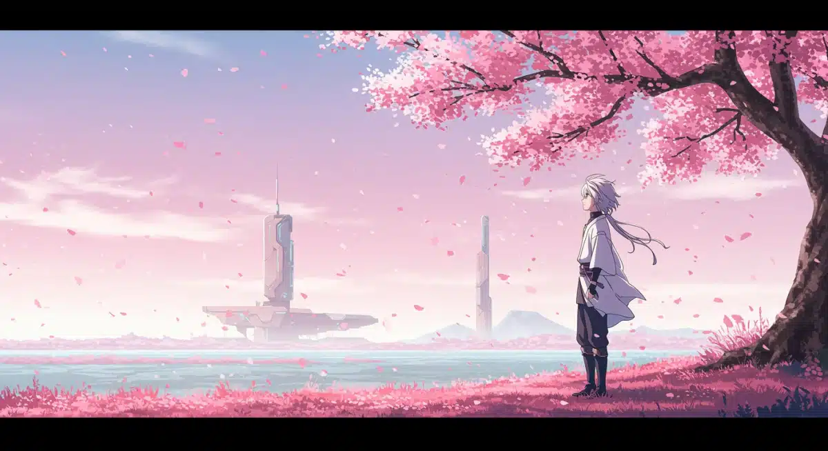 Peaceful anime scene with character contemplating futuristic natural landscape, highlighting emotional storytelling.