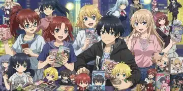 Diverse anime fans interacting with merchandise, vibrant illustration.
