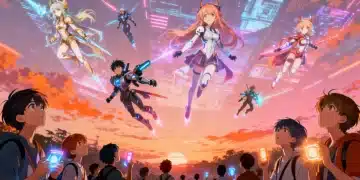 Futuristic city with anime character projections, symbolizing anticipated anime releases.
