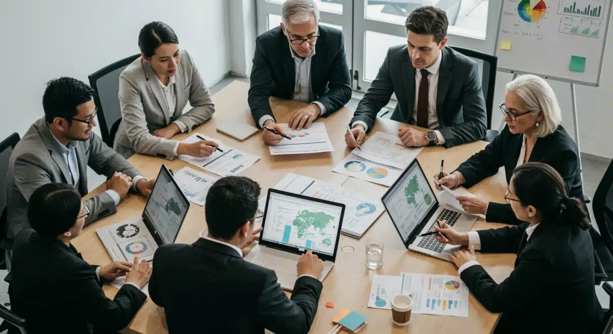 Business leaders discussing carbon emissions targets and sustainable investment strategies.