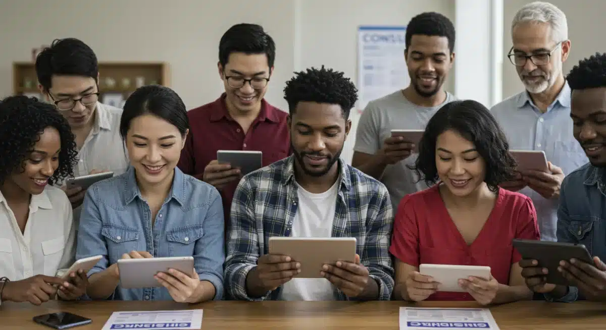 Diverse community members engaging with digital census forms on tablets and smartphones.