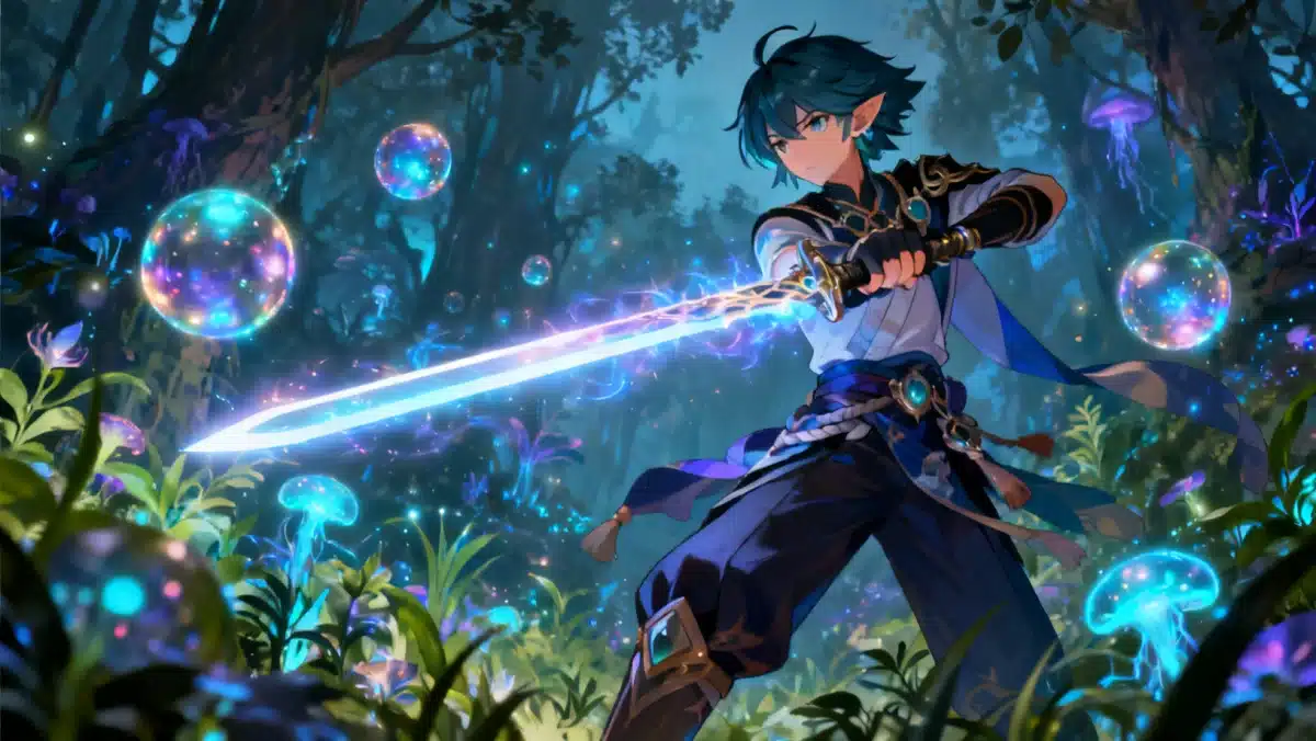 Fantasy anime character with glowing sword in a magical forest.