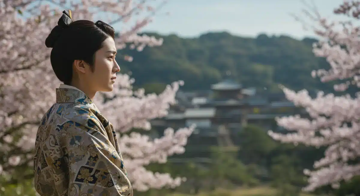 Historical dorama scene with a character in traditional Japanese attire overlooking a serene landscape, symbolizing cultural depth.