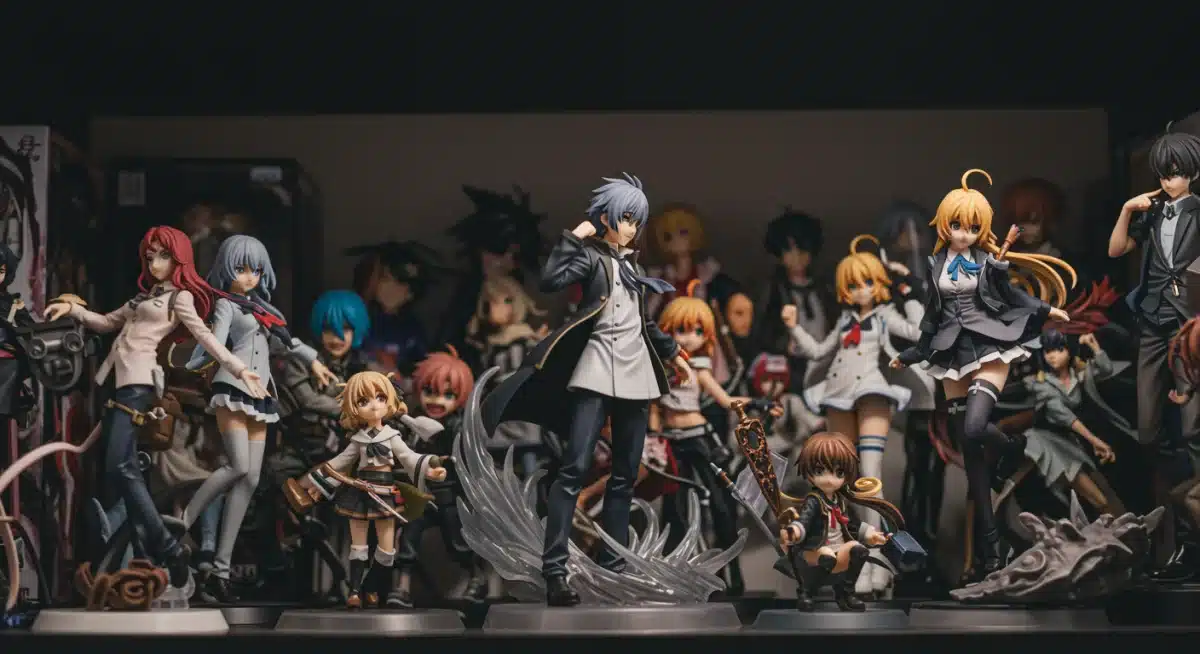 Close-up of premium anime collectible figurines on display.