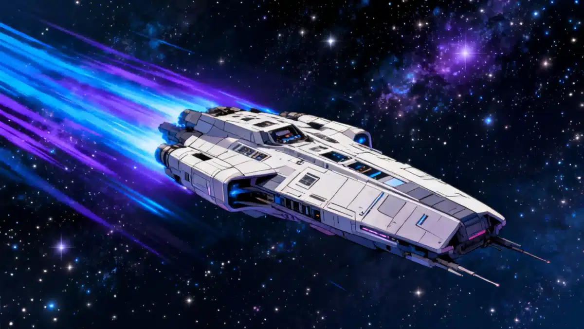 High-tech spaceship flying through a star-filled galaxy.