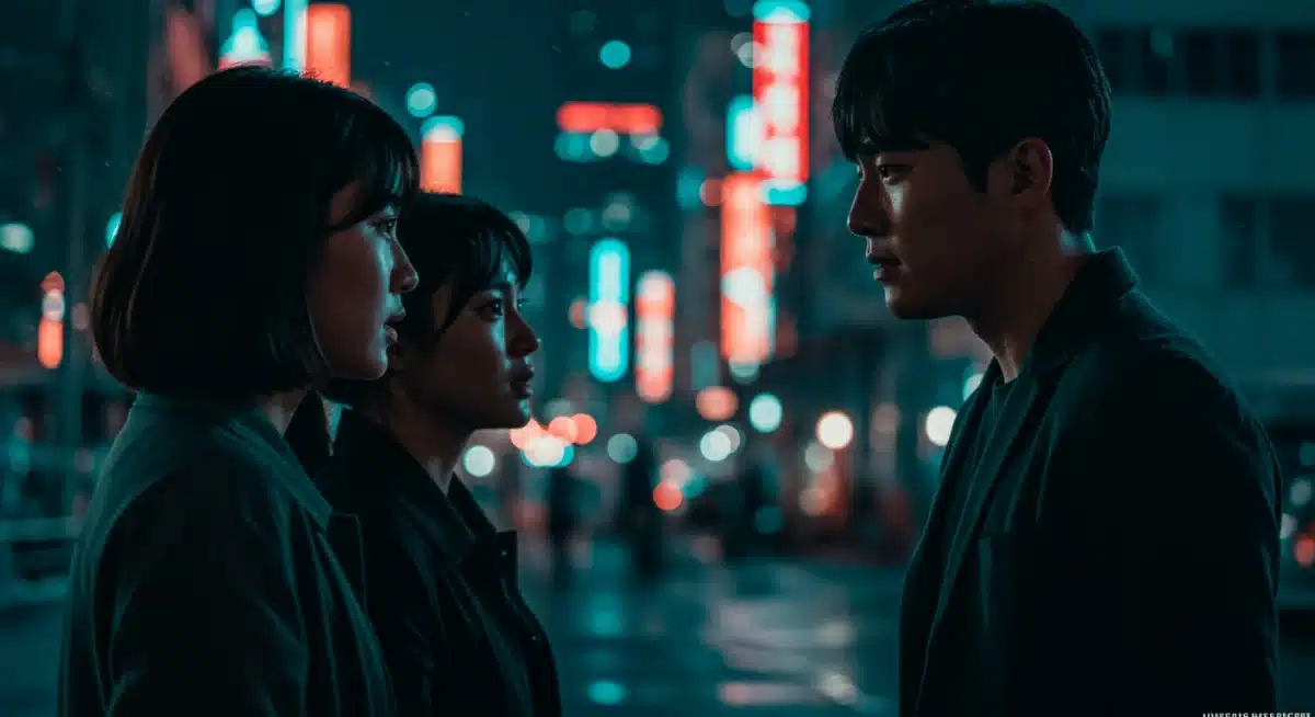 Urban dorama scene with two characters in an emotional moment against a vibrant, neon-lit city skyline at night.