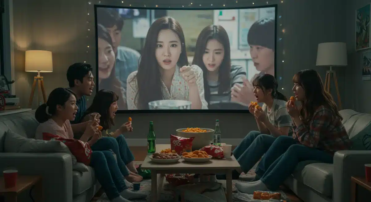 Diverse friends watching K-drama together, laughing and engaged, showing communal viewing experience.