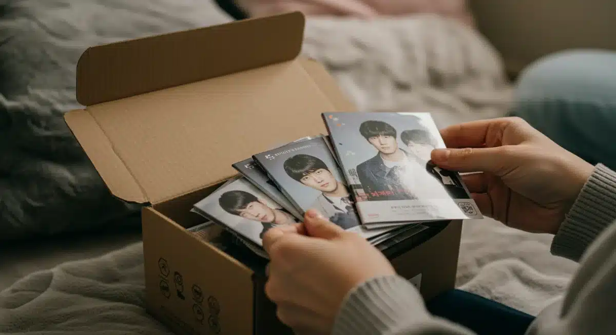 K-Drama fan unboxing official merchandise, revealing photocards and a DVD set.
