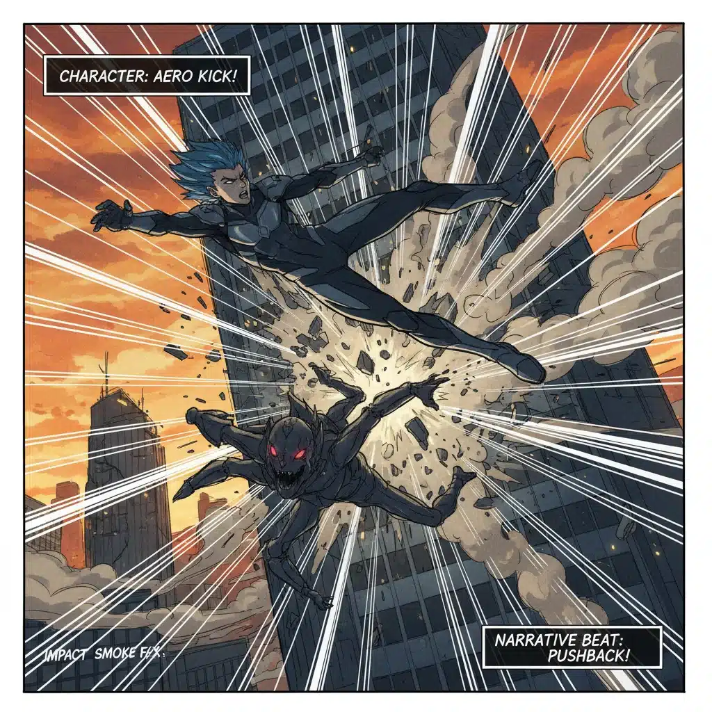 Dynamic anime action sequence storyboard panel, highlighting combat and visual effects.