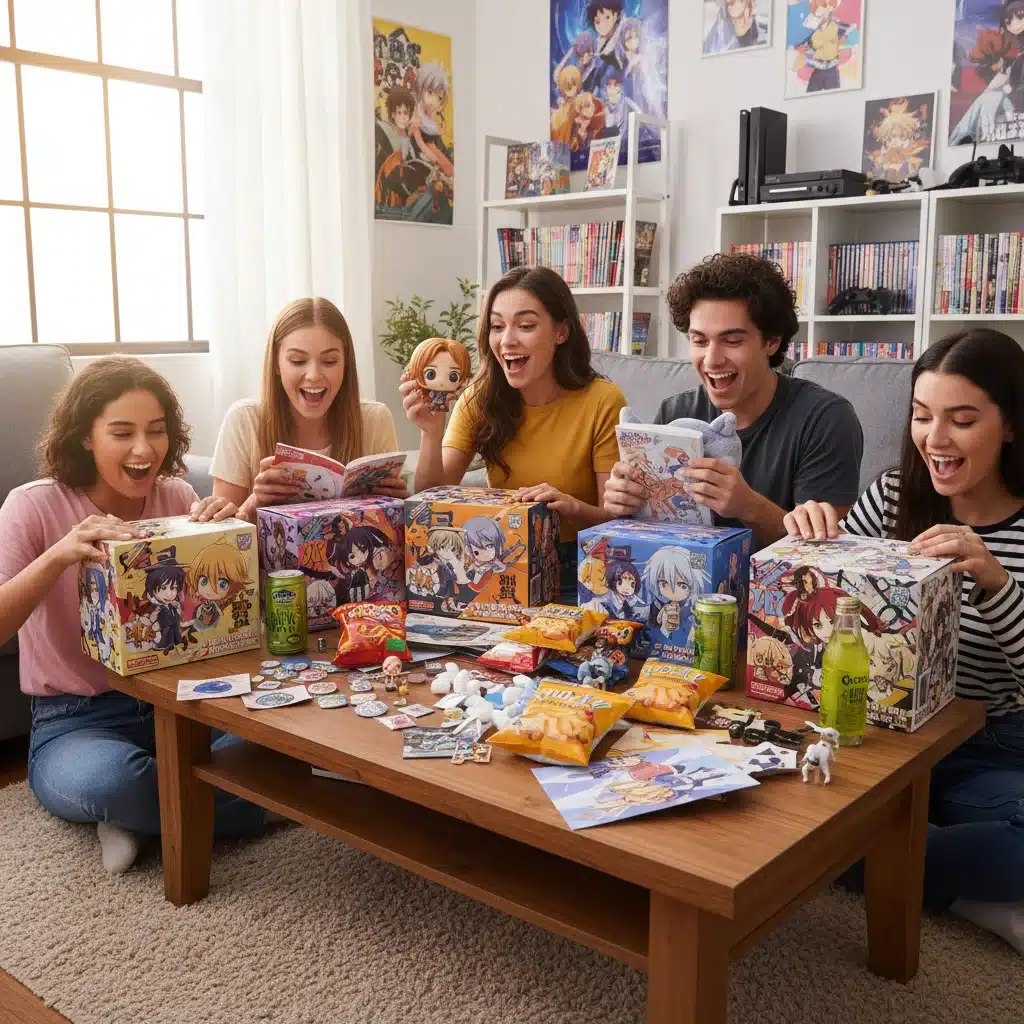Friends unboxing anime subscription boxes and sharing their new merchandise.