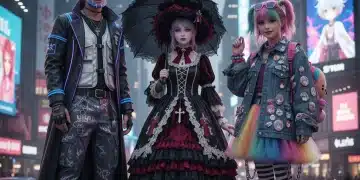 Diverse individuals modeling 2026 anime-inspired fashion trends in a vibrant city setting.