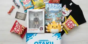 Assortment of anime merchandise from a subscription box, including figures, manga, and apparel.