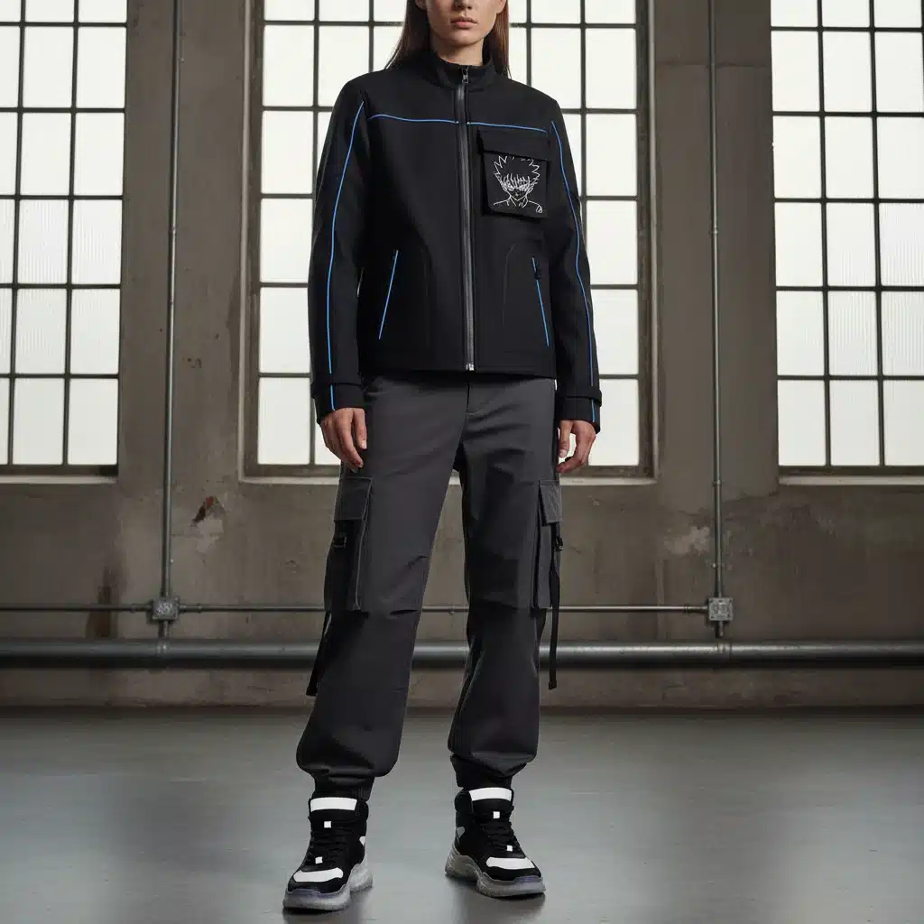 Model showcasing cyberpunk tech-wear with anime embroidery, illustrating an emerging trend.