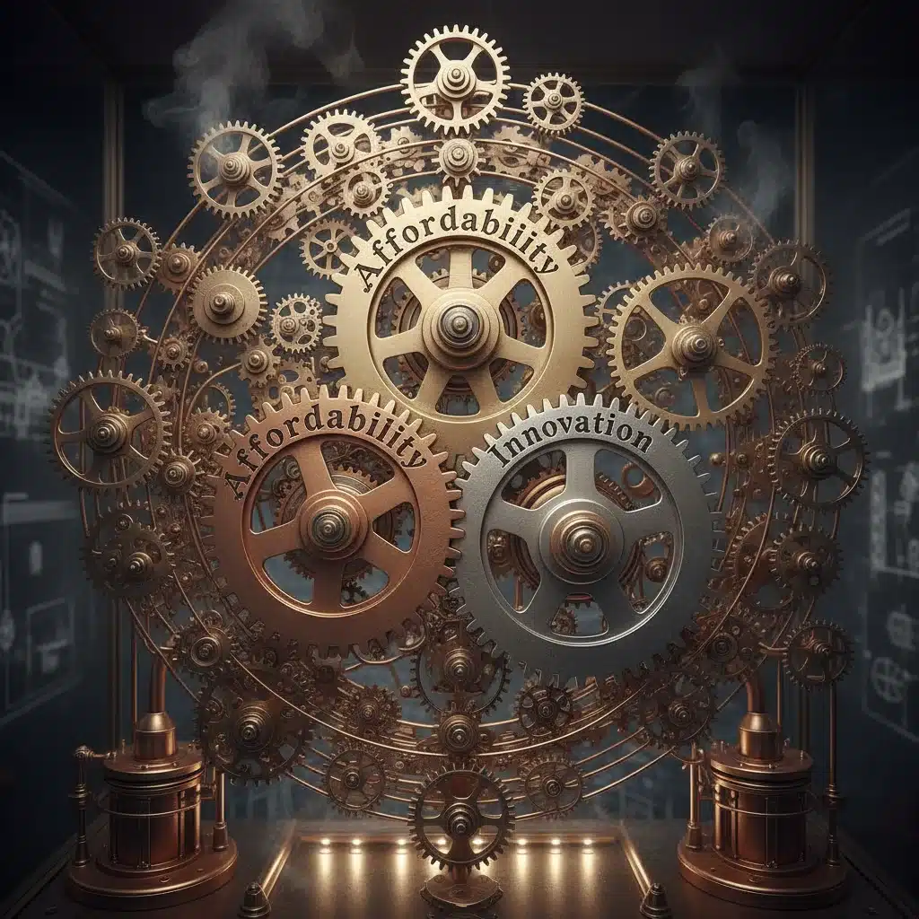 Complex gears representing healthcare affordability, access, quality, innovation