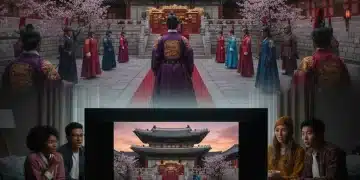 Historical K-drama actors in traditional attire, with modern viewers watching on a screen.