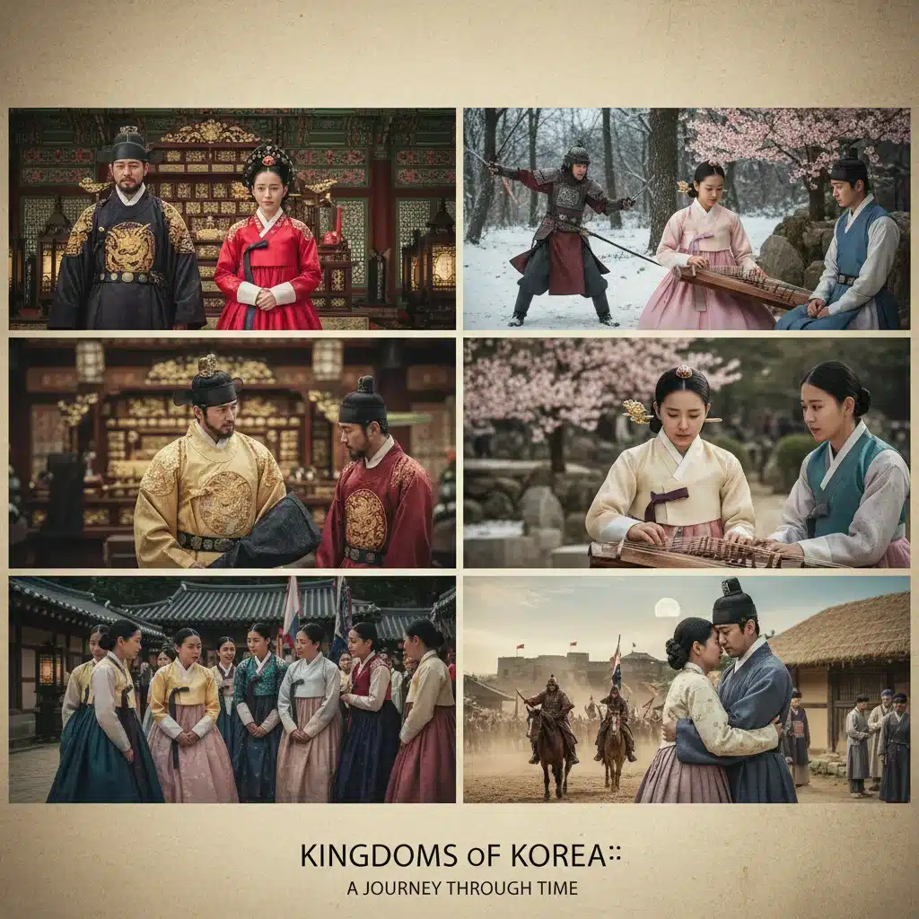 Montage of diverse historical K-drama scenes and elaborate costumes.