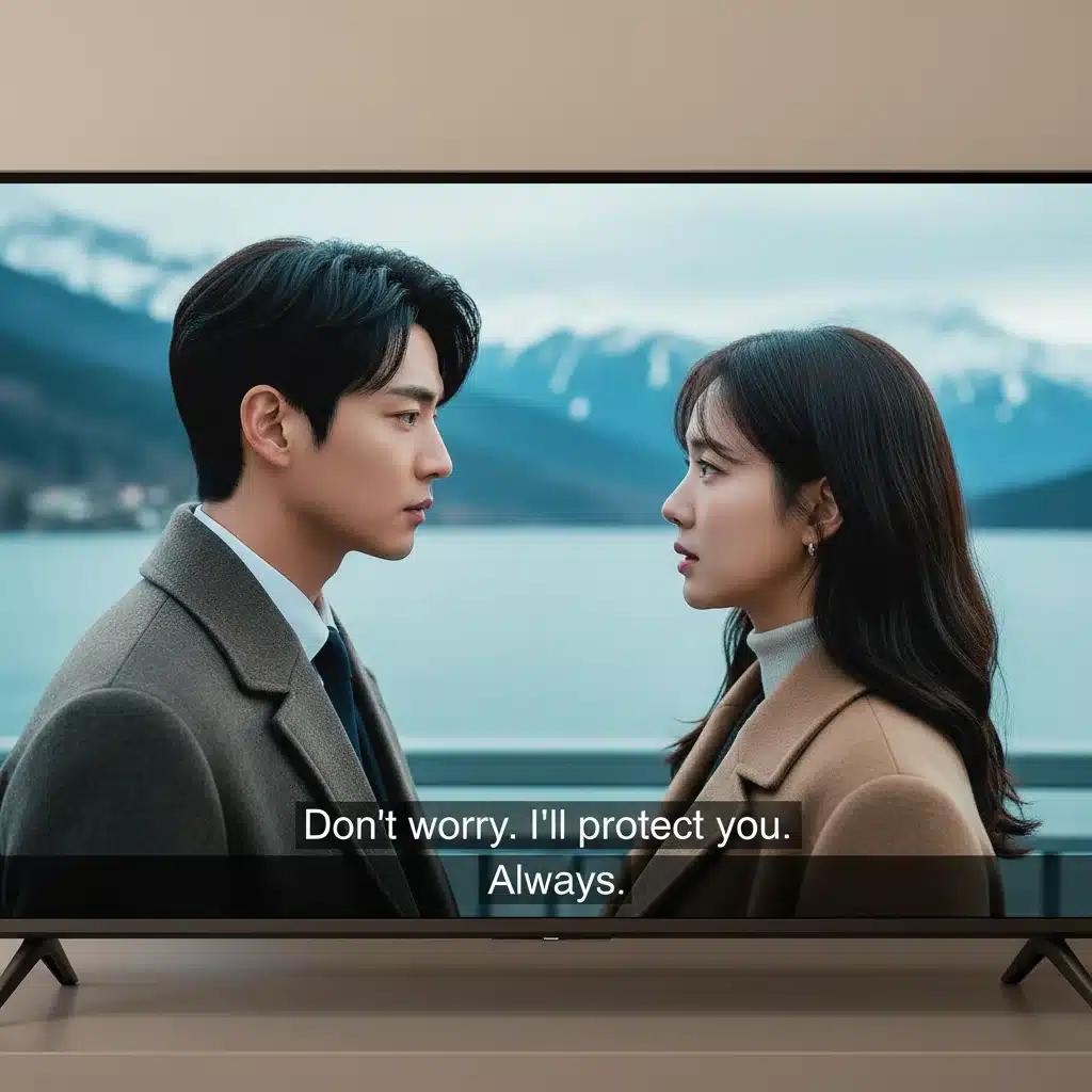 High-quality K-drama scene with clear and accurate English subtitles displayed on a screen.