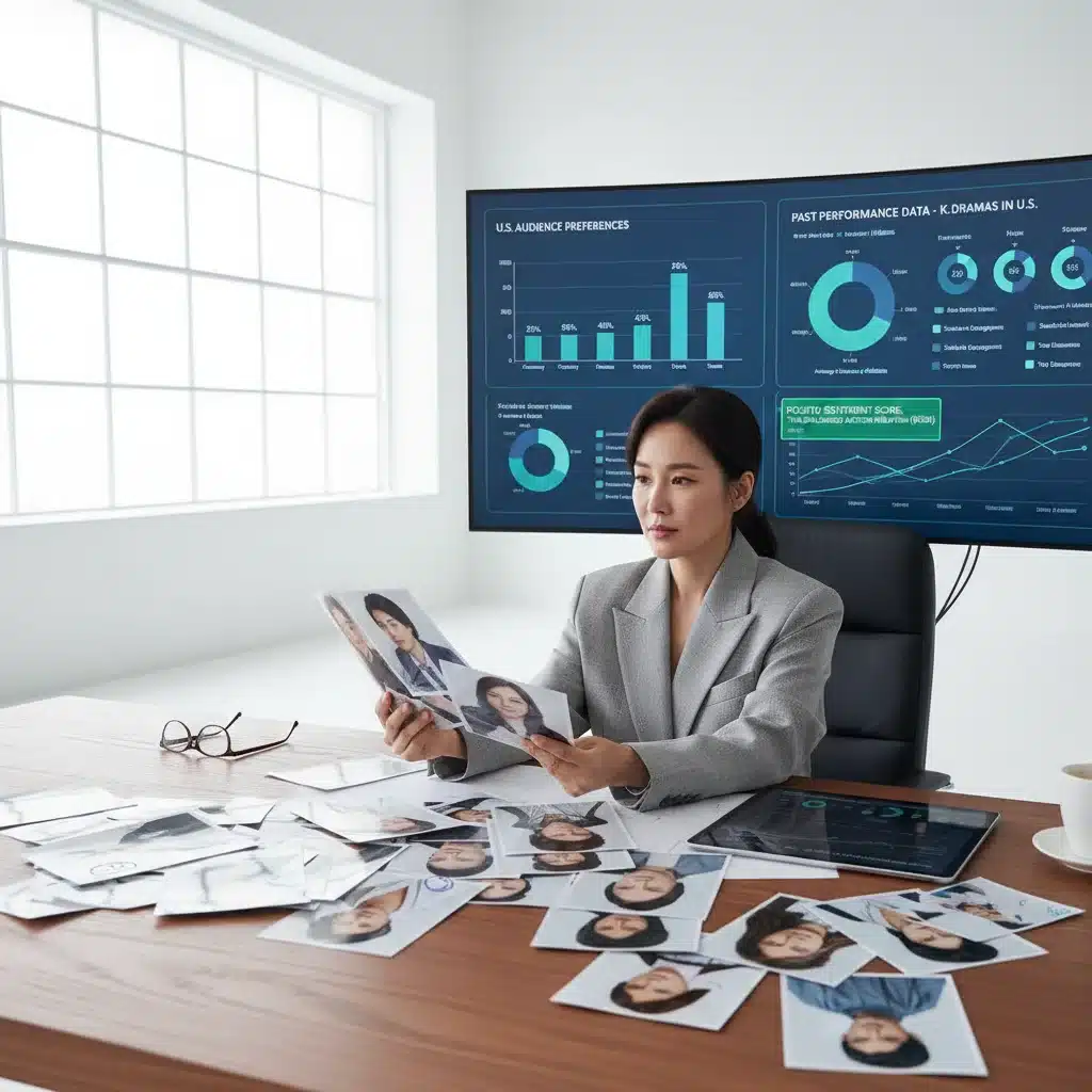 Casting director reviewing actor headshots with U.S. audience data on a screen