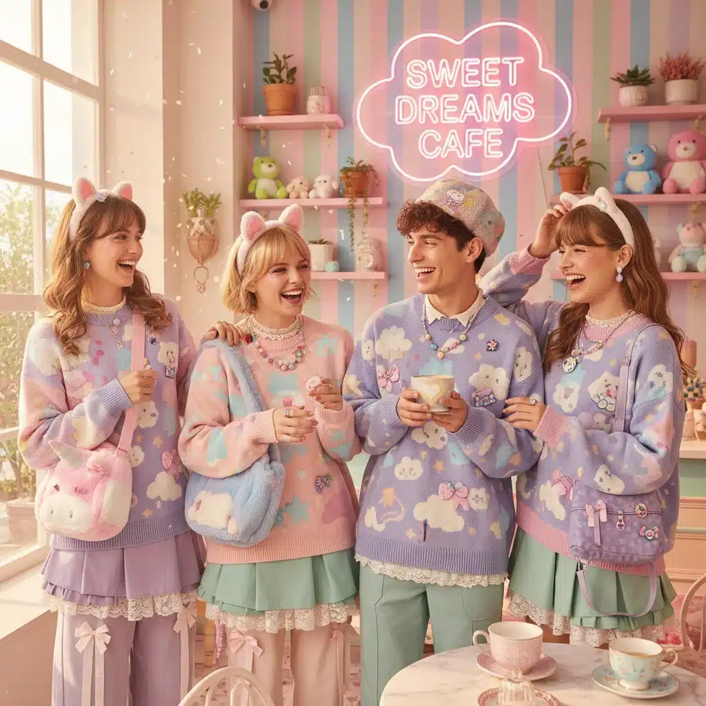 Friends in charming pastel kawaii fashion, enjoying a casual social gathering.
