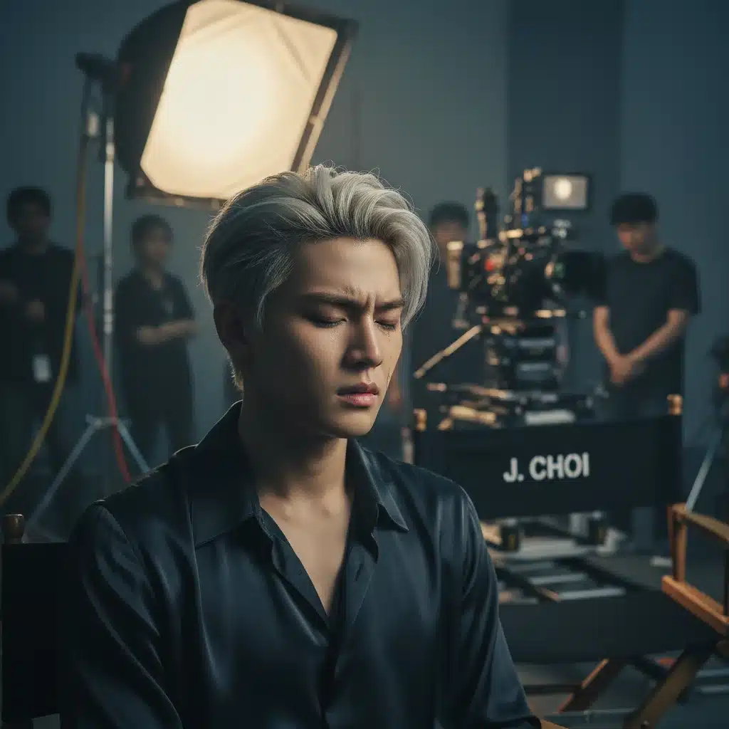 Male K-Pop idol actor delivering an emotional performance on a drama set, showcasing his acting skills.