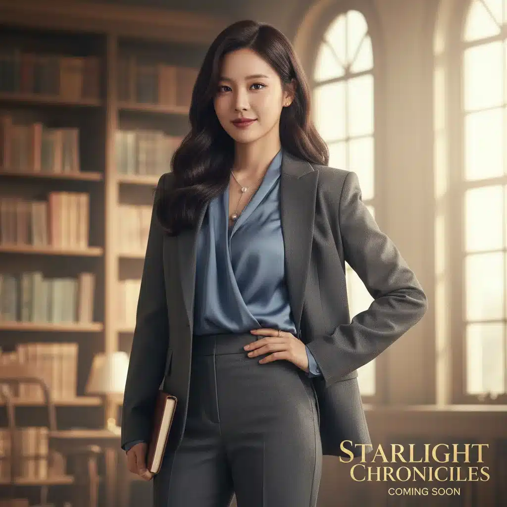 Female K-Pop idol promoting her new K-drama, exuding elegance and confidence in a stylish outfit.