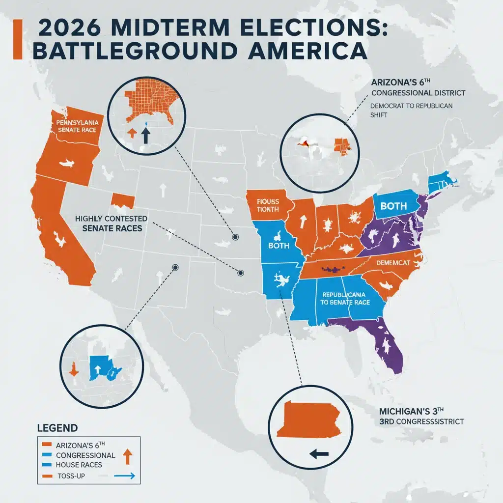 Color-coded US map highlighting swing states and key congressional districts for the 2026 Midterm Elections.