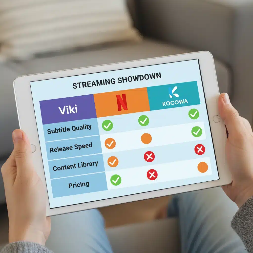 Infographic comparing K-drama streaming platforms based on subtitle quality, content, and pricing.