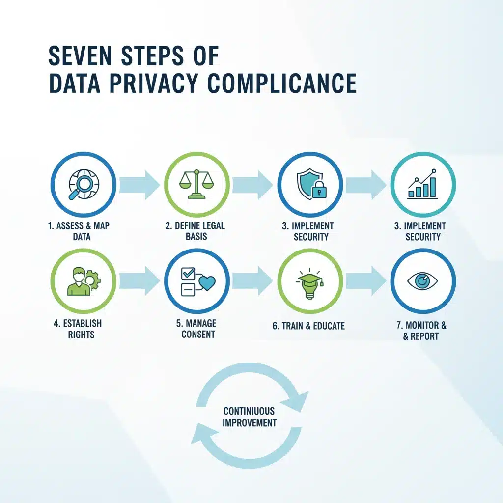 Infographic showing a 7-step compliance flowchart for data privacy regulations.