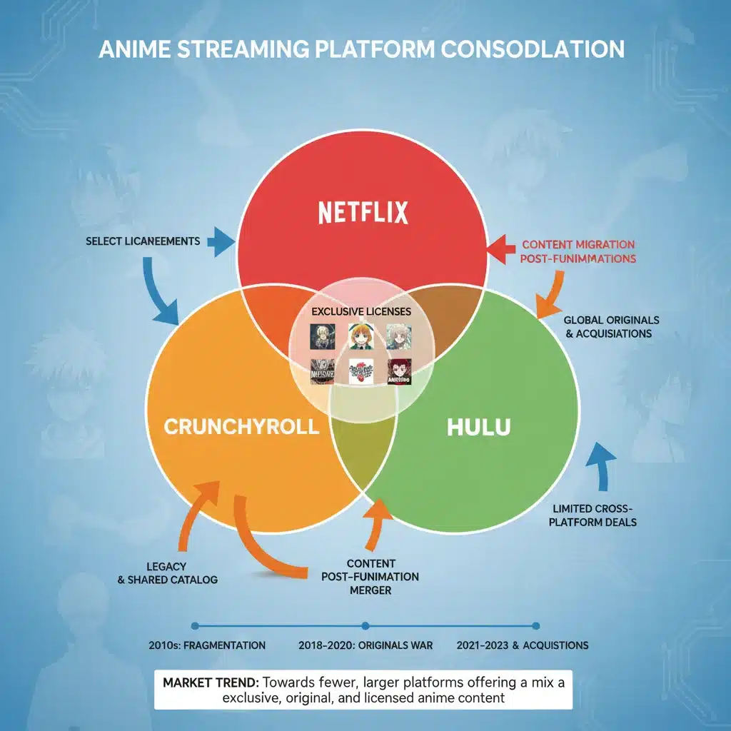 Infographic showing content consolidation and exclusive deals between major anime streaming platforms.