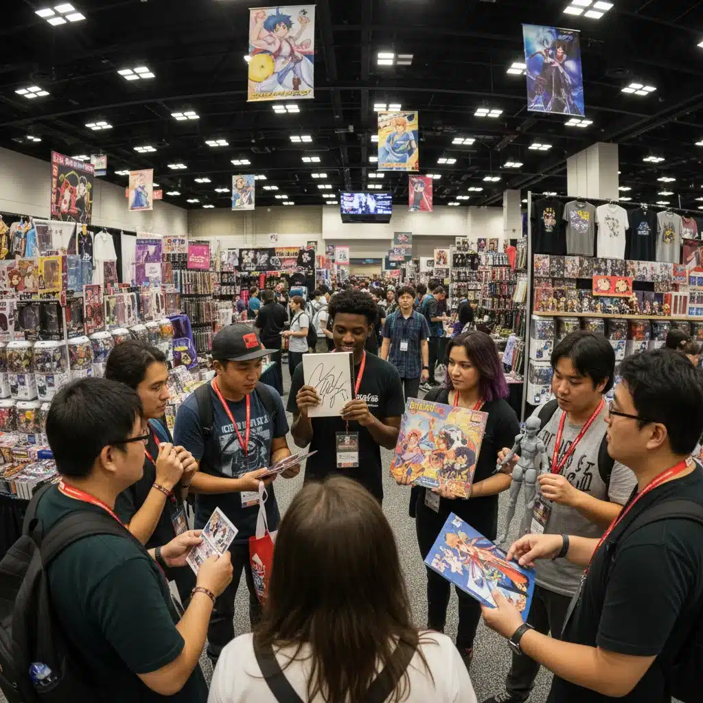 Anime collectors at a U.S. convention, trading and discussing rare manga, figures, and merchandise.