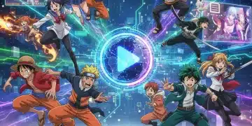 Anime characters gathering around a futuristic streaming platform icon, symbolizing shifts in the anime streaming industry.
